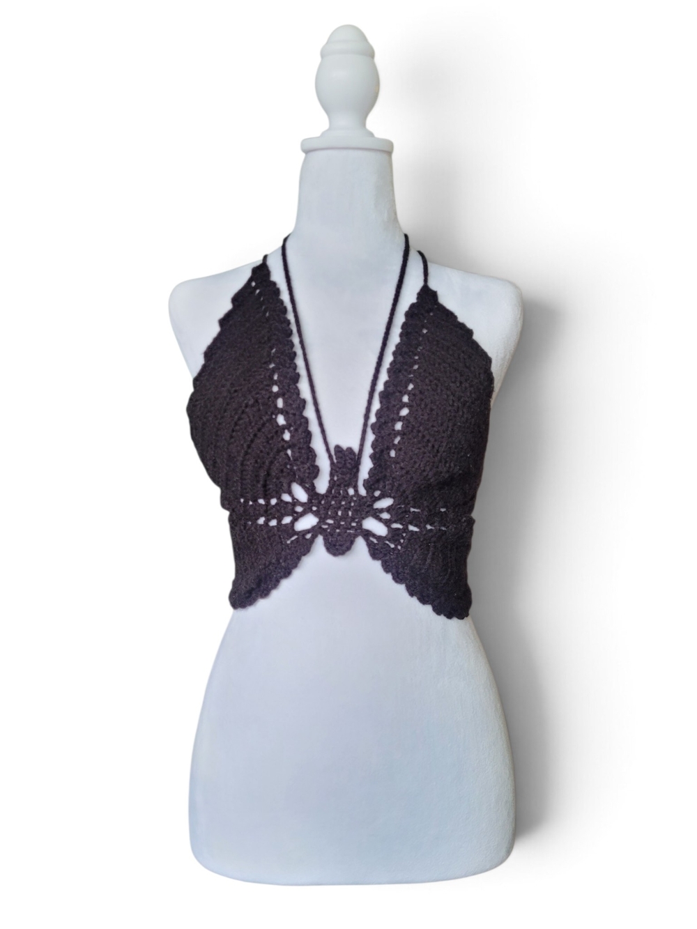 Tie-Back Crochet Butterfly Halter Top  Black Boho Festival Whimsigoth S-M